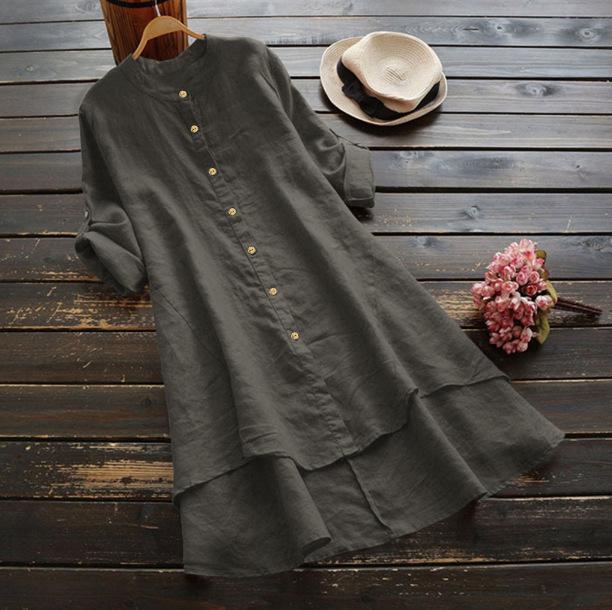 Women's Spring Solid Cotton Linen Shirt Dress Ladies Loose Dress Long Blouse Plus Size Clothes Clothing