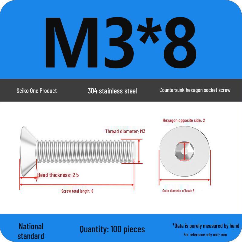 M2-M10 Stainless Steel Flat Head Machine Screws and Bolts Set, Countersunk Hex Socket Cap, 304 Grade.