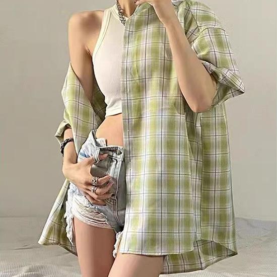 

Новый стиль, рубашка с коротким рукавом, женская корейская рубашка с защитой от солнца, топ XXL селадоновый