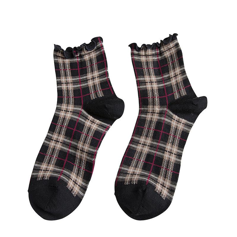 3 páry/lot Letní krátké ponožky Dámské Střapcové okraje Dívčí Studentský styl Retro Dámský styl JP Bavlna Mladá dáma Kostkované Volánky