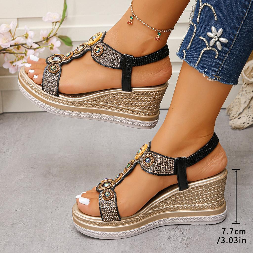 Fashion Fashion Crystals Wedges Heel Sandals Women Summer Chunky Platform Bohemian Sandalias Mujer Slip On High Heels Sandles Female 43