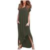 Women's V Neck Casual Summer Beach Long Dress Short Sleeve Split Loose Maxi Dress With Pocket