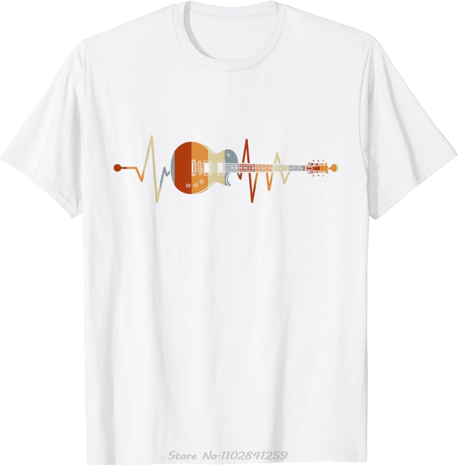 Retro Vintage Heartbeat Guitar Tshirt Music Lovers Gifts Custom Printed Graphic Tshirt Men Clothing Summer Cotton T Shirt S