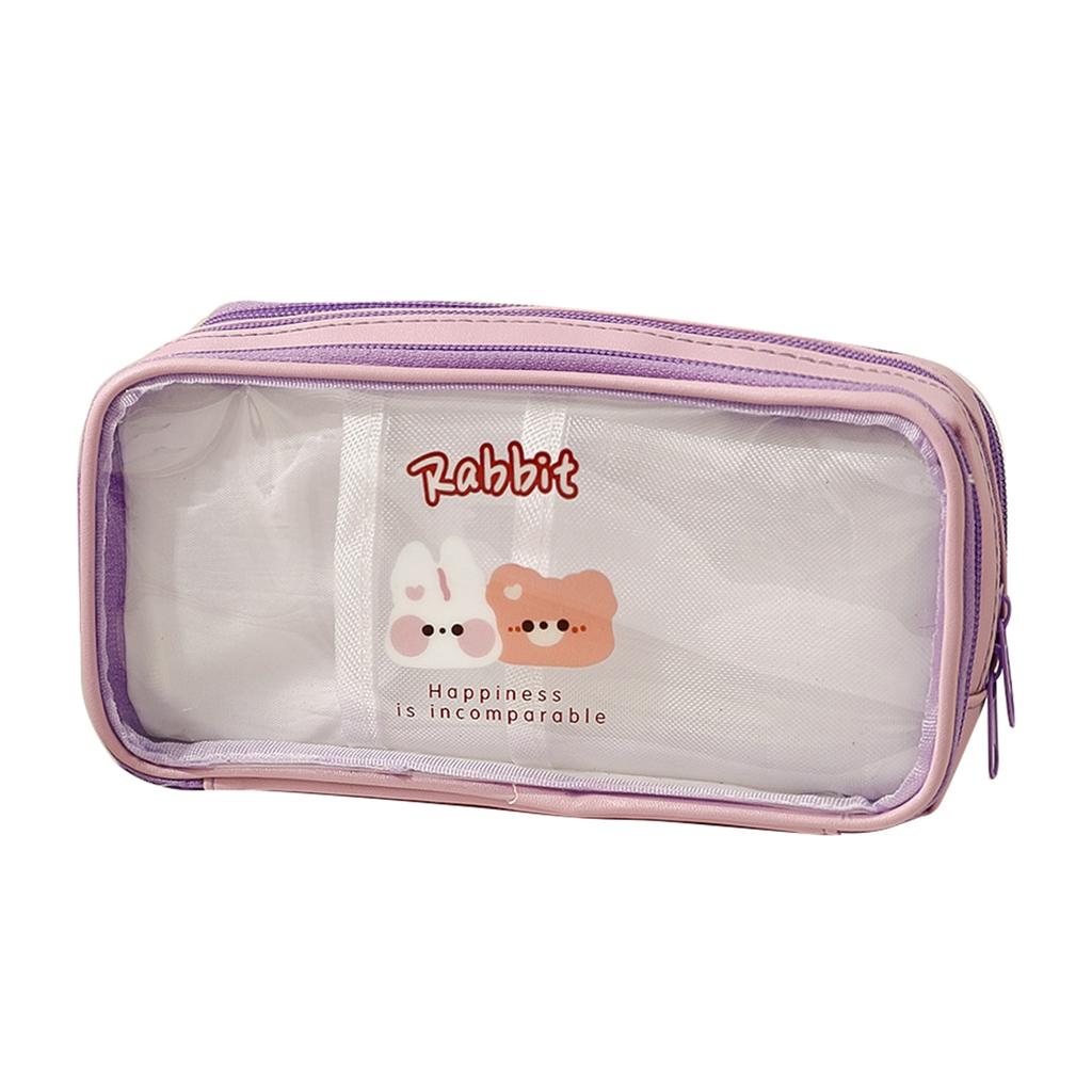 Transparent Pencil Case Cute Cartoon Pattern Large Capacity Waterproof PVC Pen Case Pencil Storage Bag Purple Bear Bunny
