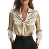 Women Shirt Lapel V-neck Knot Pleated Design Long Sleeve Pullover Tops Pure Color Smooth
