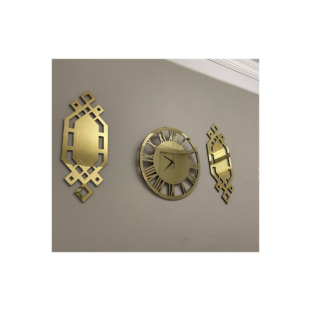 Set Ceas de Perete Decorativ 3 Piese Aur 50 Cm Ceas de Perete Elegant Numere Romane 25 X 62 Cm Picturi Baklava