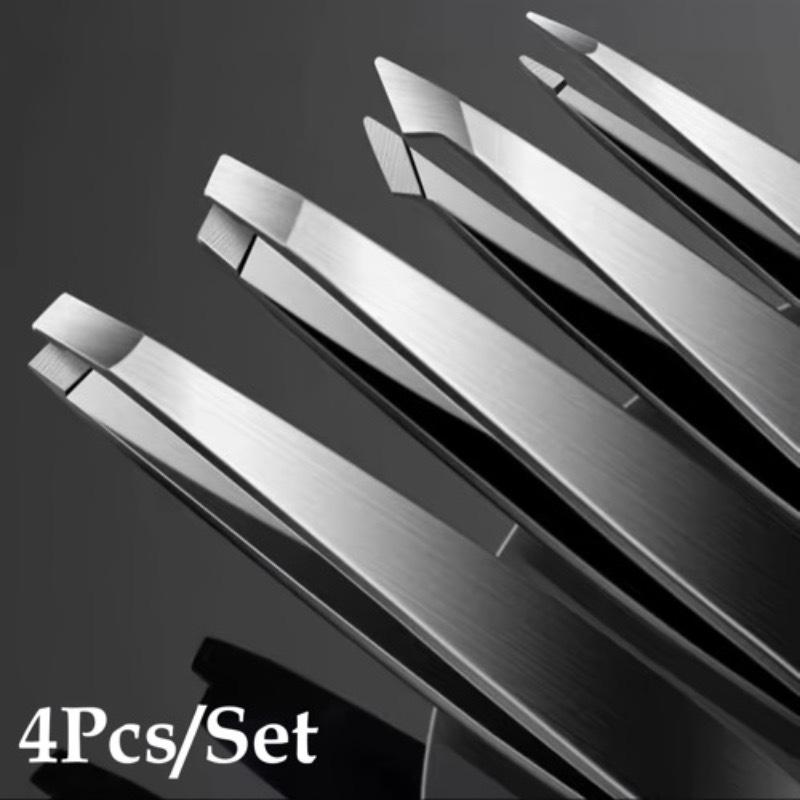 4pcs Stainless Steel Eyebrow Tweezers Set, Hypoallergenic Multi-Functional Beauty Makeup Tools Kit with Flat, Slant, and Pointed Tips for Face Use
