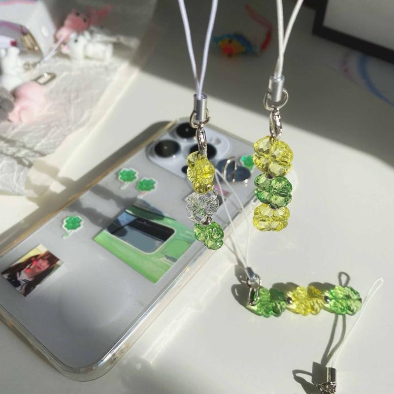 Handmade Beaded Phone Chain Crystal Four Leaf Clovers Cellphone Charm Colorful Keyring Pendant Bag Accessory for Bag Key