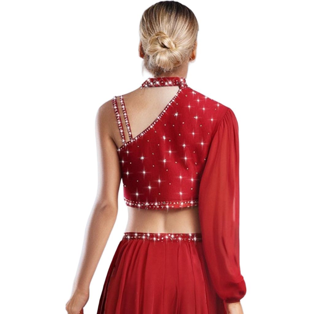 Damen Zeitgenössisches Lyrisches Tanzoberteil Asymmetrisch Durchsichtiges Netz Langarm Glänzend Bunt Strass Crop Top