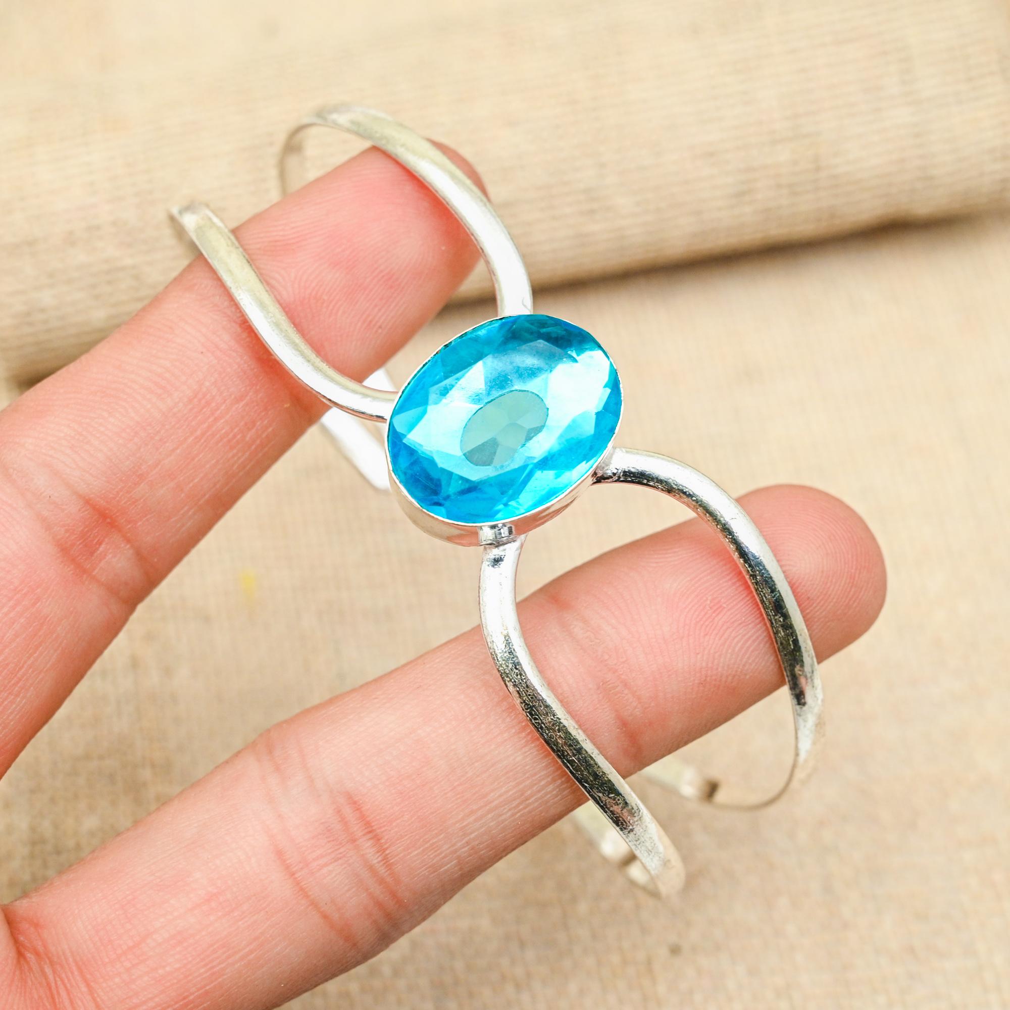 

Blue Topaz Gemstone 925 Sterling Silver Handmade Jewelry Bracelet For Her