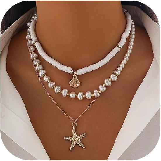 YANCHUN Shell Necklace Beach Jewelry for Women Sea Shell Necklace Layered Gold Shell Charm Necklaces Summer Outfits for Women Beach Fashion