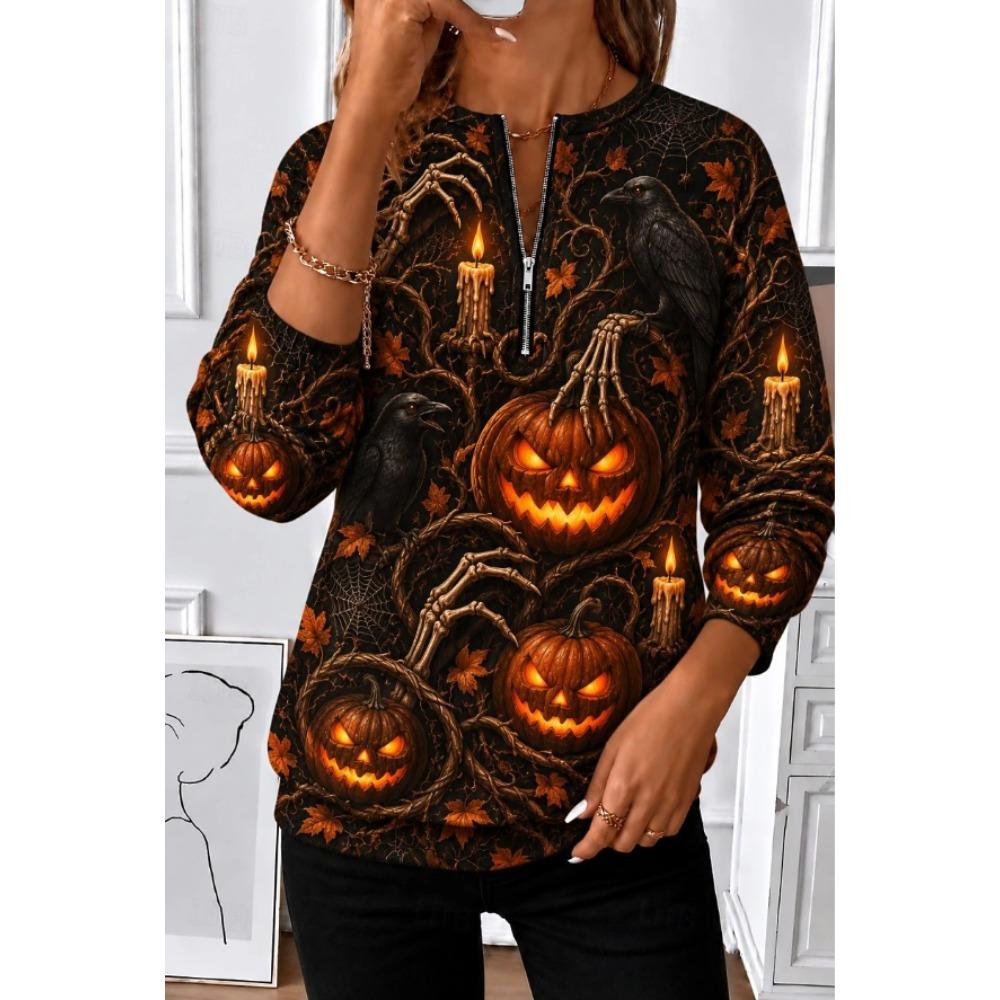 Women's Quarter Zipper Sweater Pullover Halloween Casual Active Sportswear Half Long Sleeve Top Micro-elastic Fall & Winter Comfrt Breathable