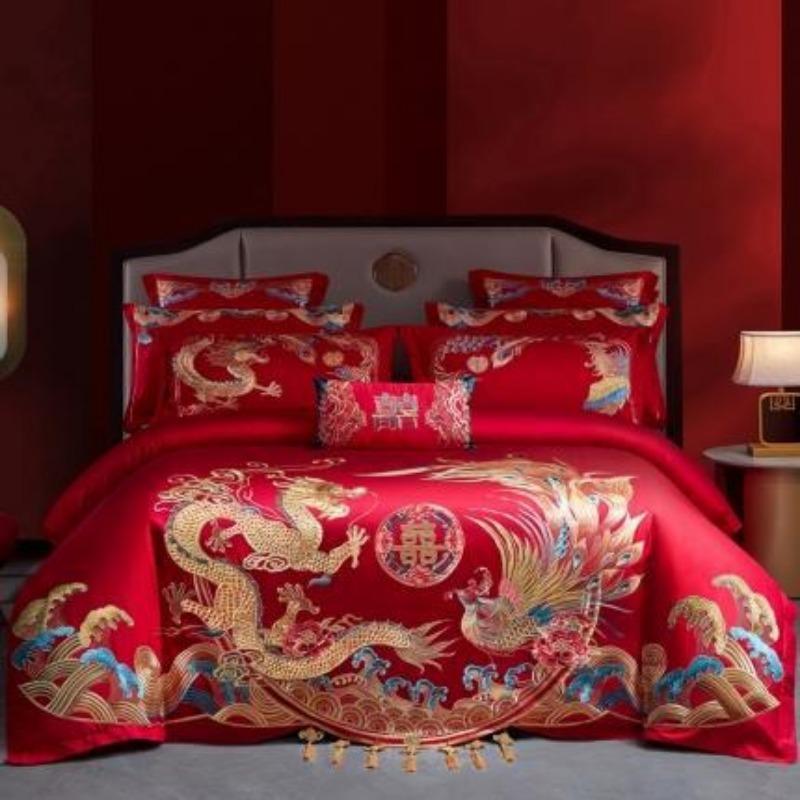 New Chinese style big red embroidery wedding quilt cover polished wedding room bedding wedding four-piece multi-piece set