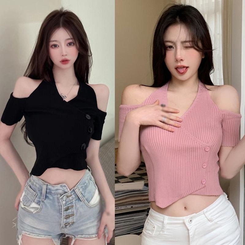 

Летняя вязаная футболка для женщин, тонкий топ с подвесным воротником, тонкие топы без бретелек