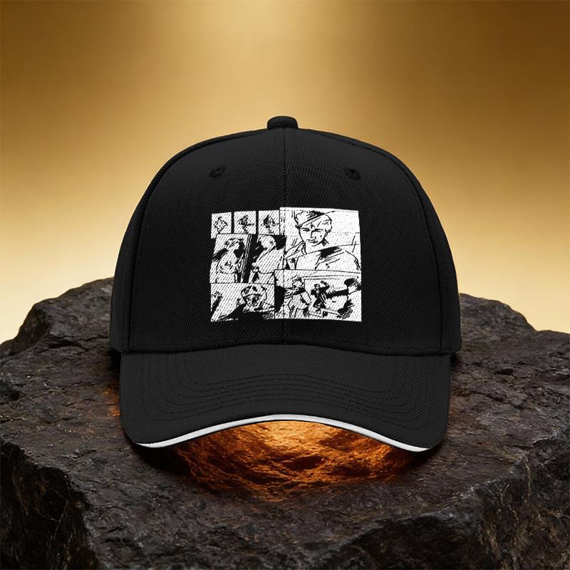 Action Manga Black and White Illustration Hat, Unisex Printed Baseball Cap Sandwich Brim Snapback Sports Cap, Suitable for Daily