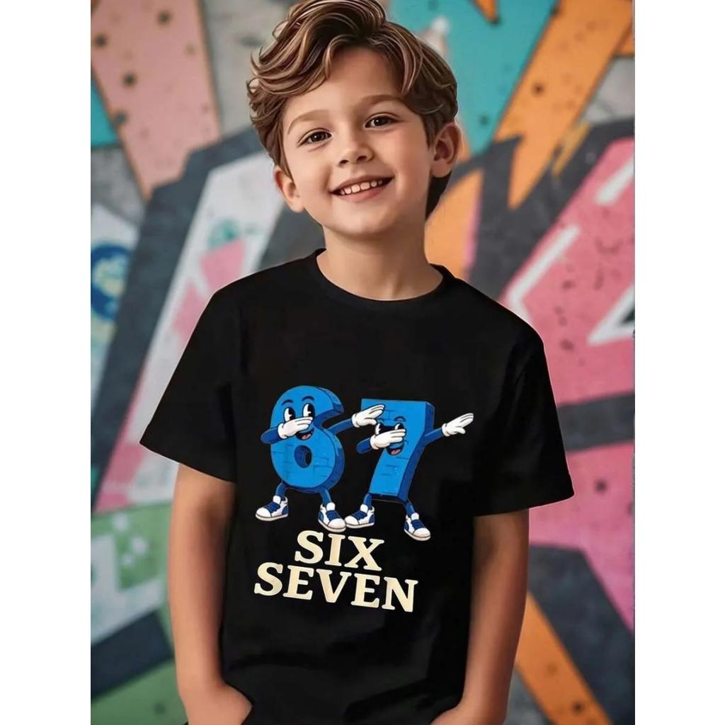 67 Number Children Funny Six Seven Graphic Print T-Shirt Round Neck Cute Casual Style Short Sleeve Comfortable T-Shirt Clothing