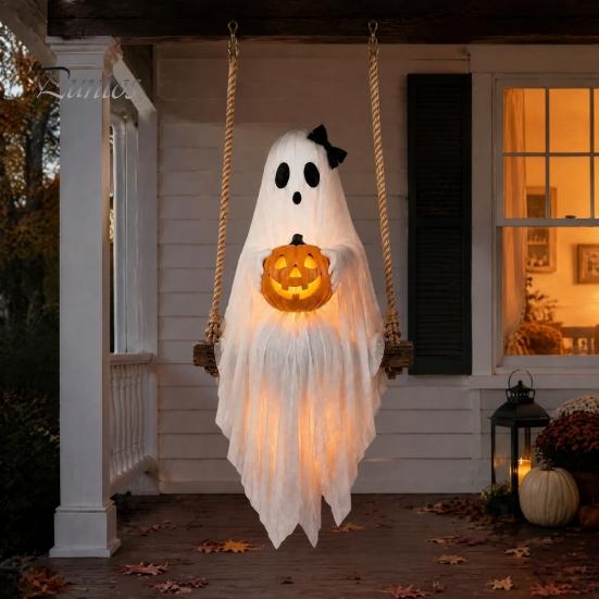 Holiday Home Atmosphere Enhancers Halloween Lighted Ghost Swing with Glowing Pumpkin, Hanging Spooky Decor Decorative Props for Festivals Porch Yard,