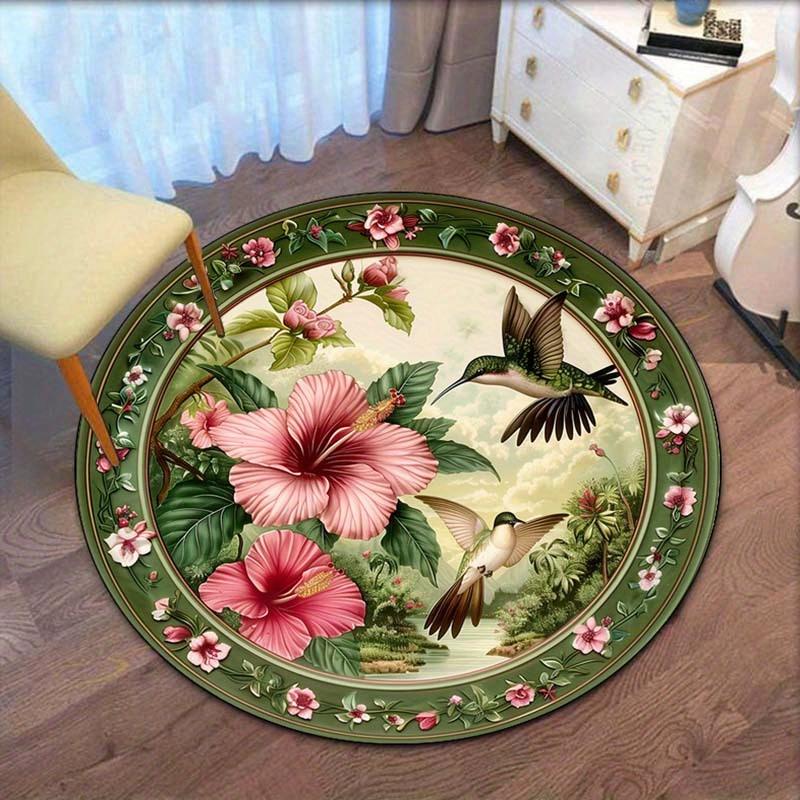 

Hummingbird Hibiscus Round Rug Crystal Velvet Floor Mat Tropical Nature Art Decorative Home Bedroom Living Room Area Rug 60cm