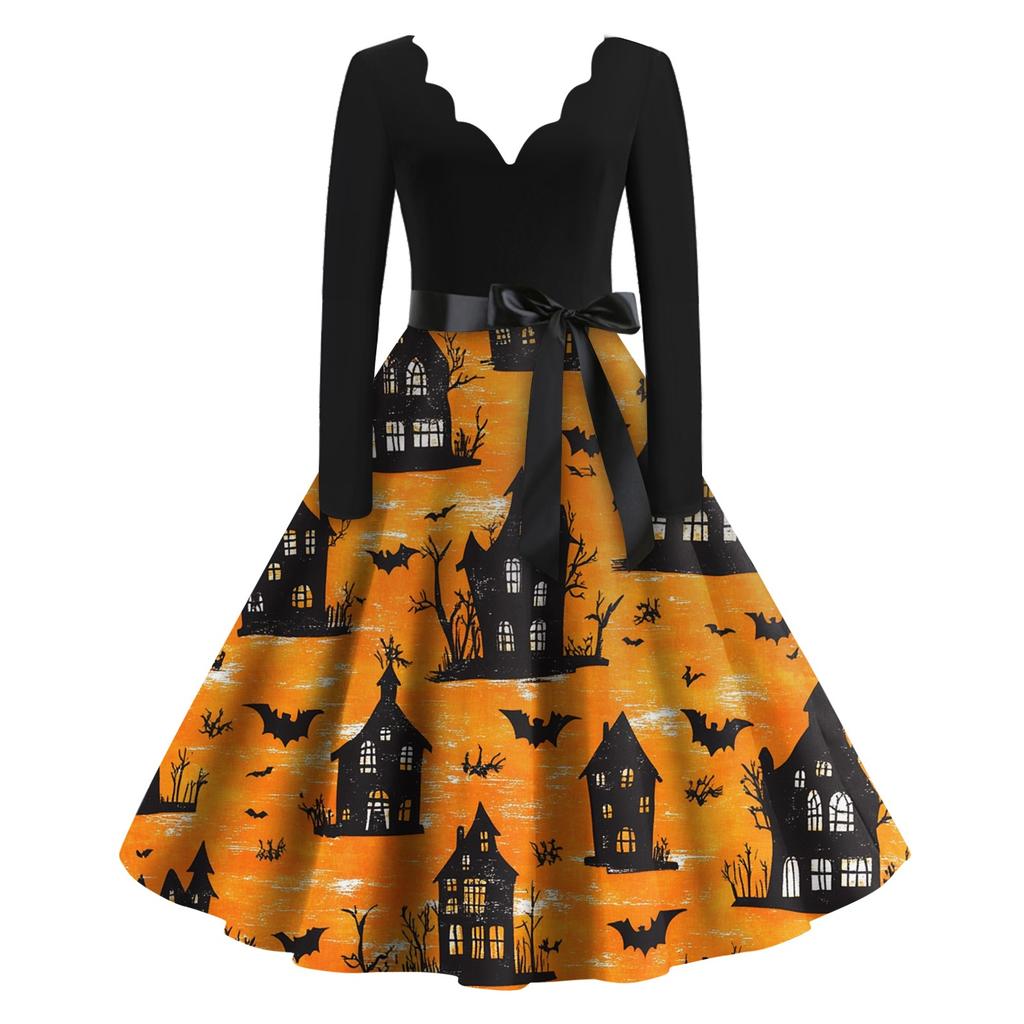 Kvinners uformelle mote Halloween trykt V-hals vintage kjole