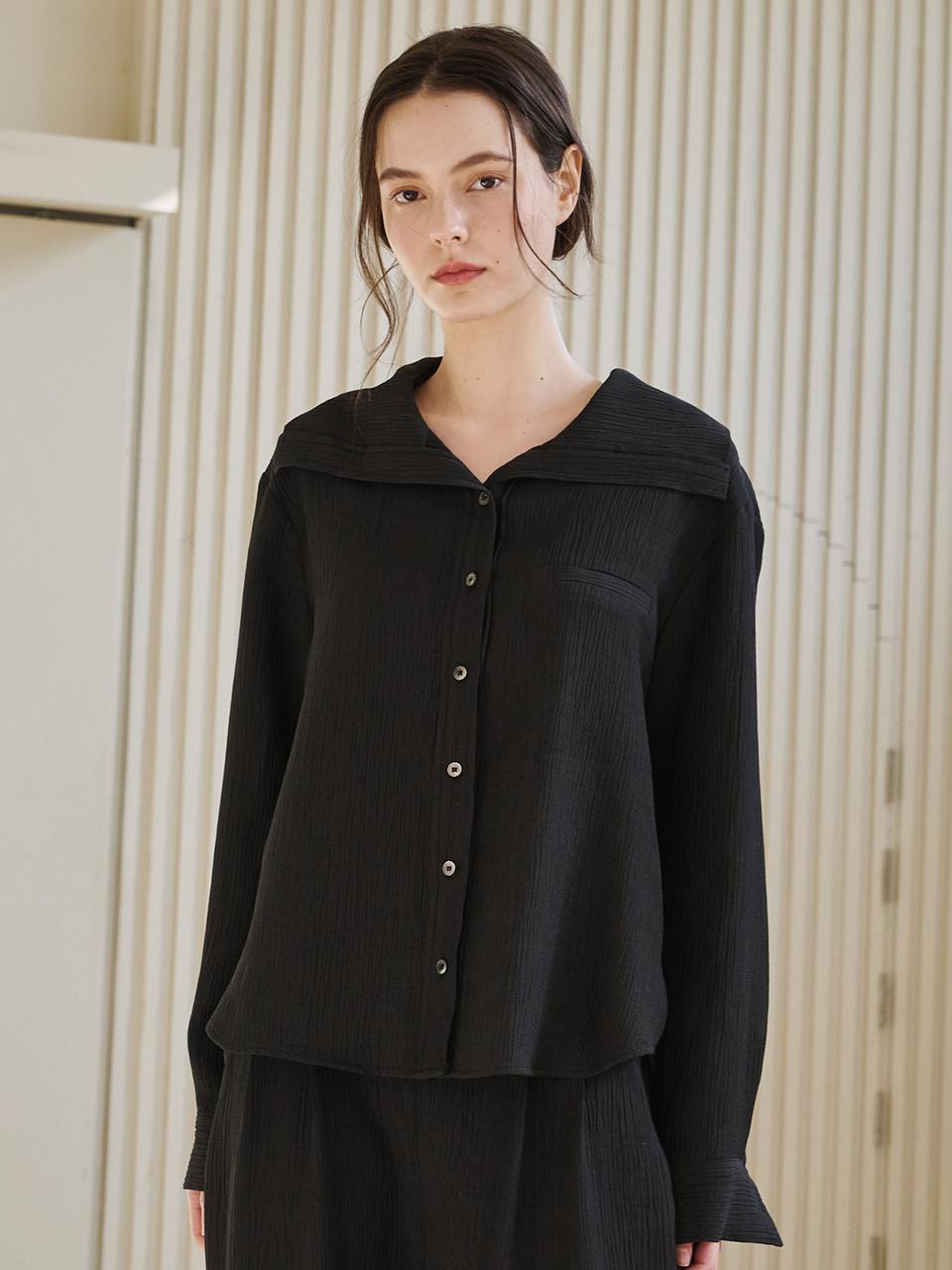 Nub Sailor Collar Wrinkle Blouse - Black