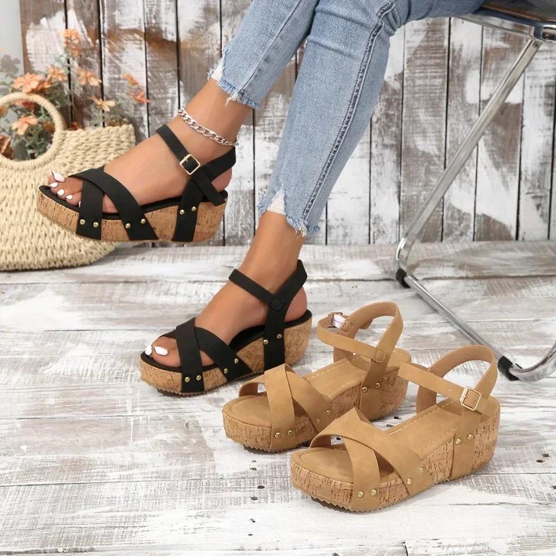 Summer New Wedges Sandals Women  Women's Shoes Buckle Rivet Decoration Large 42 Roman Platform Leisure Beach Sandalias Mujer