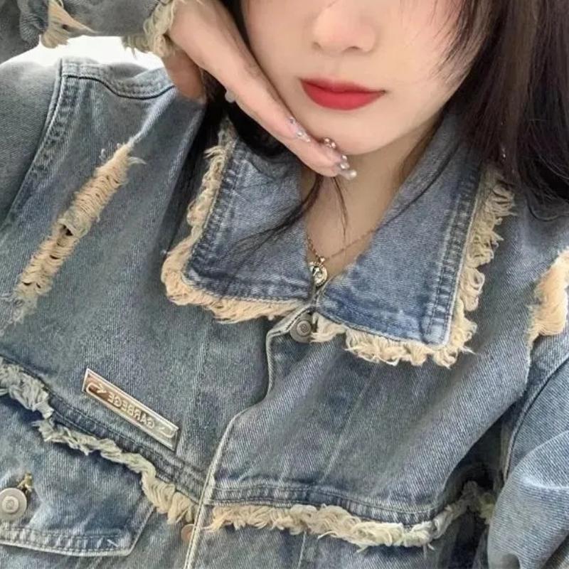 IHUASU Women's Vintage Casual Denim Autumn & Winter Long Sleeve POLO Collar Jacket & Coat