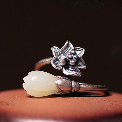 Natural Hetian Magnolia Flower Lotus Opening Adjustable Ring Chinese Style Retro Bohemian Elegant Charm  Jewelry