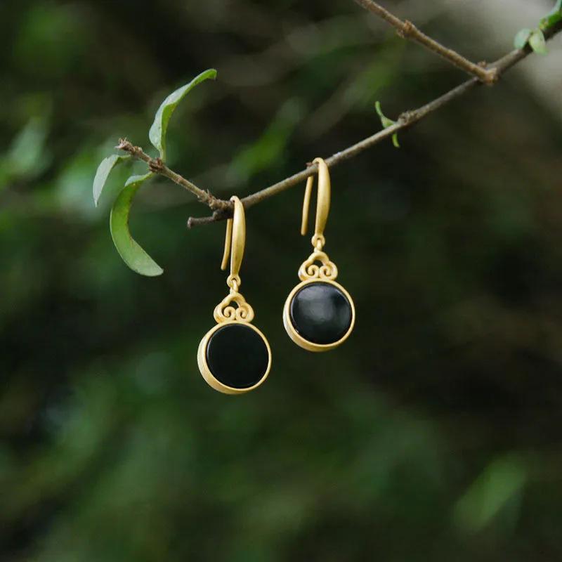 Creative Design  Inlaid Natural Hetian Jade Mirror Round Earrings Ancient Gold Craft Design Classic Chinese Style Jewelry