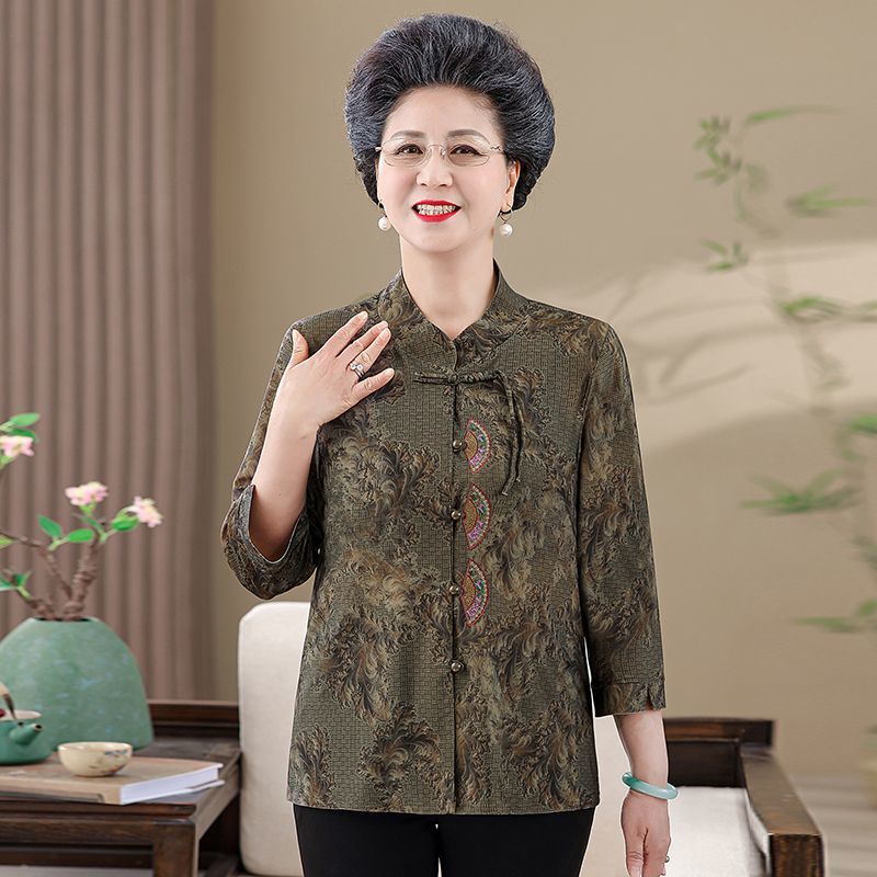 Elderly Women's Chinese Style Floral Print Blouse Half Sleeve Manin Collar Casual Top