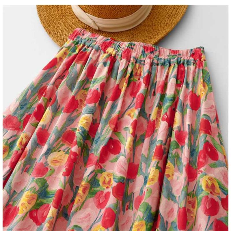 2025 Vintage Resort Tulip Printed Peplum Skinny Oil Color Halter Skirt