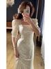 Women's European & American Lace-Up Satin Dress - Slim-Fit, Printed, Spring 2025 Style