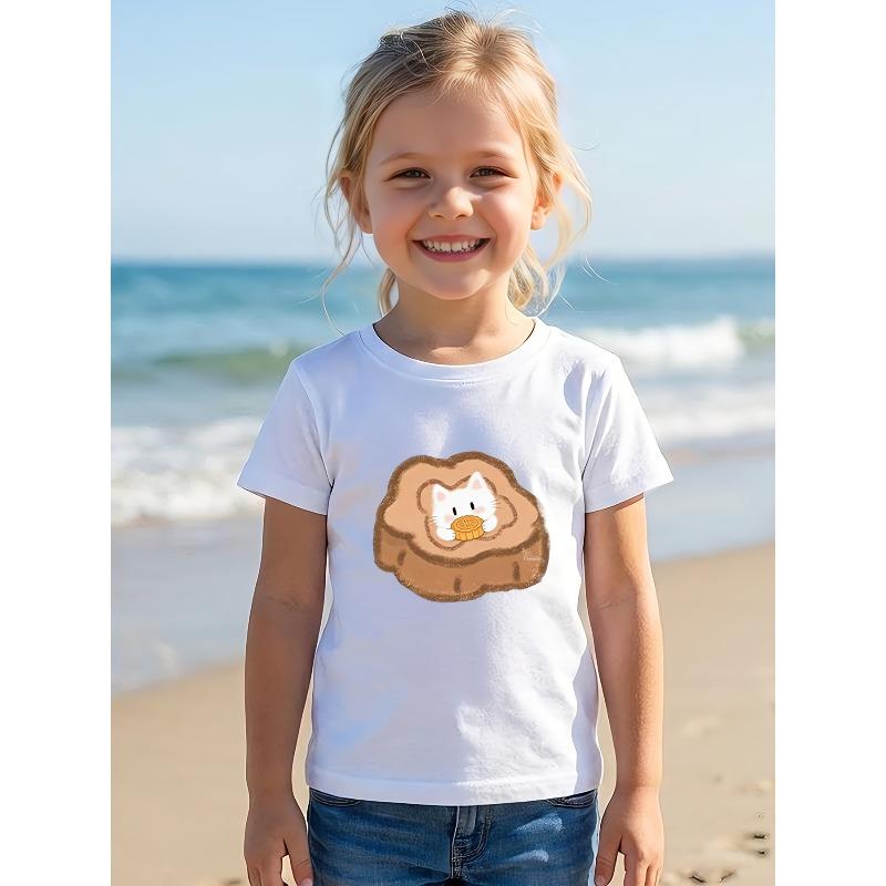 

European Size Girls Round-neck Short-sleeved T-shirt with White Cat and Mooncake Pattern Print 164cm білий