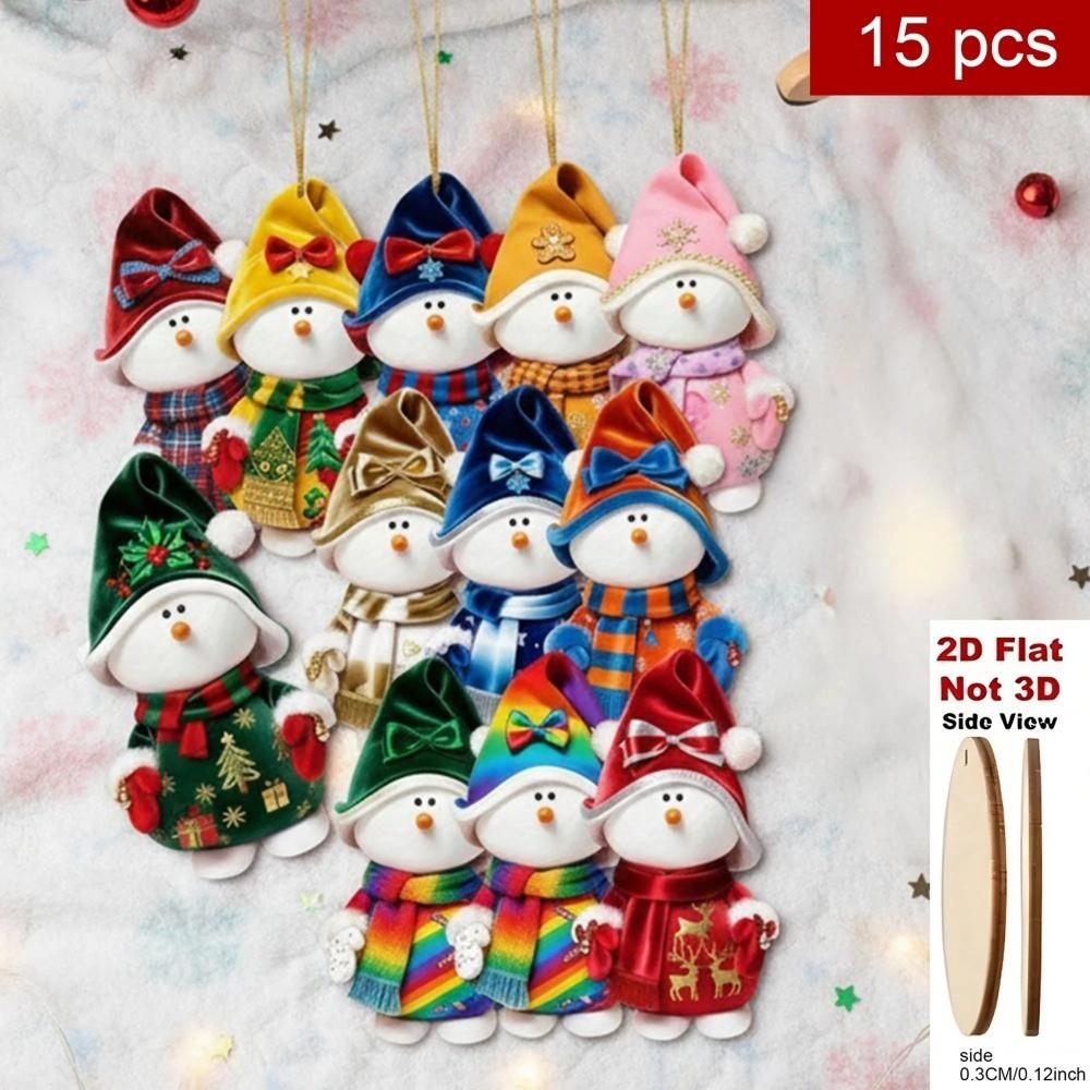 15Pcs 2D Colorful Christmas Snowman Doll Ornaments Rustic Wooden Hanging Decoration Cartoon Wooden Pendant Holiday Decor