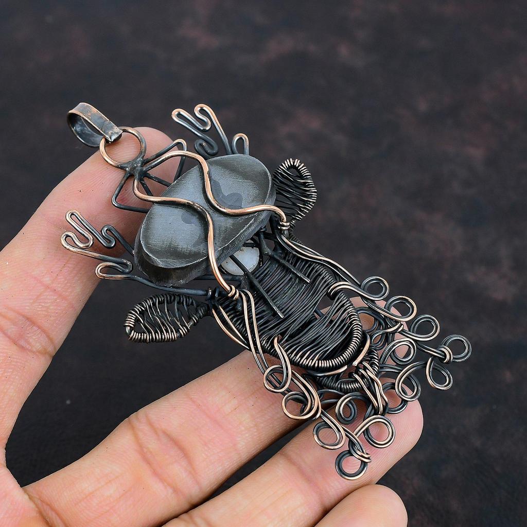 Shungite Rough Pendant Copper Wire Wrapped Pendant Rainbow Moonstone Pendant Deer Face Jewelry Real Gemstone Handmade Pendant Gifts For Her