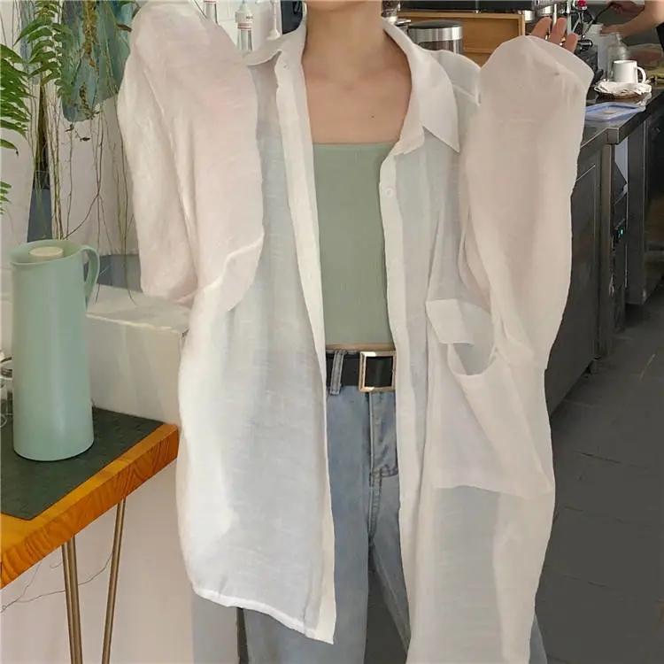 White Transparent Chiffon Blouse Chic Women Summer Oversize Puff Long Sleeve Shirt Korean Style Cardigan Basic Sheer Top