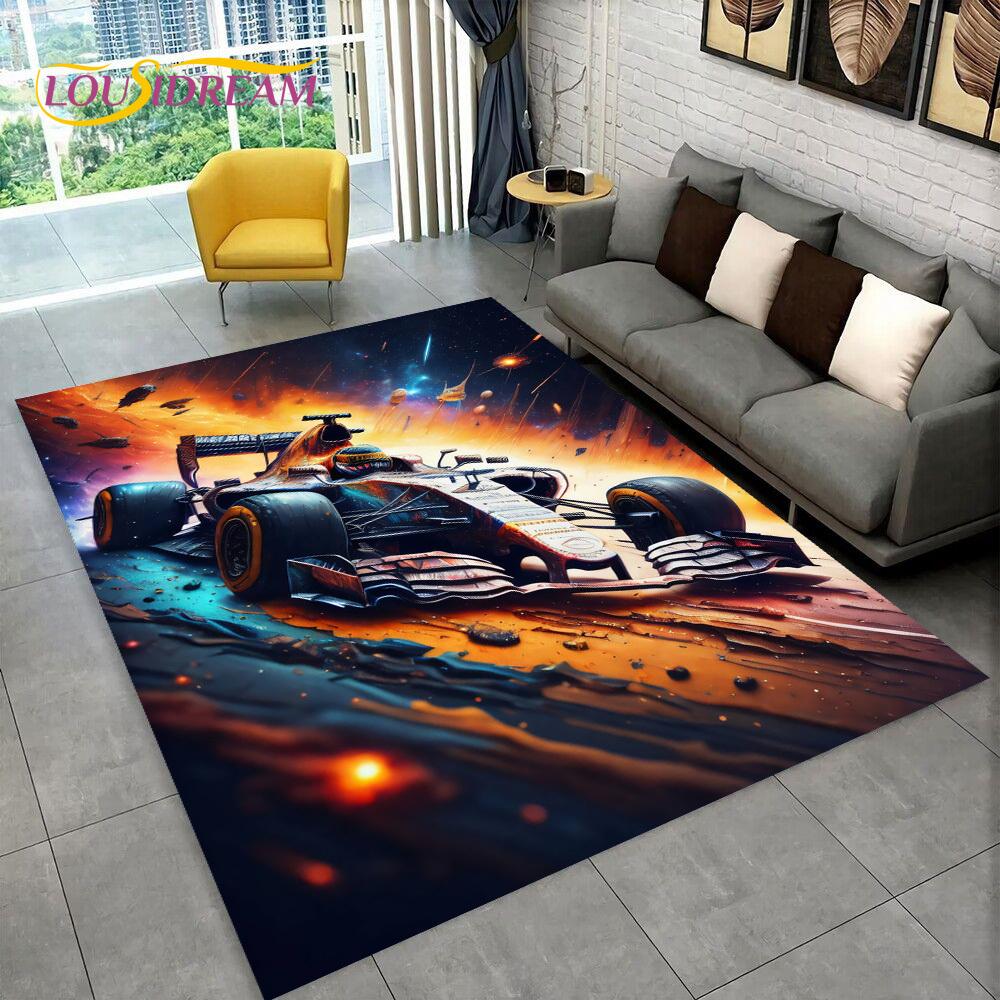 Alfombra de Dibujos Animados para Coche de Carreras y Piloto de Carreras para el Hogar Sala de Estar Dormitorio Sofá Felpudo Decoración, Alfombra para Zona de Juegos Infantil Alfombrilla Antideslizante para el Suelo