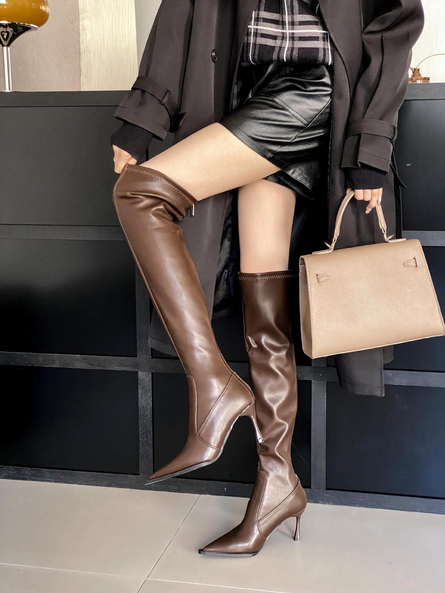

Over-knee boots women s 2025 autumn and winter new pointed thin heel Korean version versatile high heel elastic thin boots white boots 40 темно-коричневого кольору