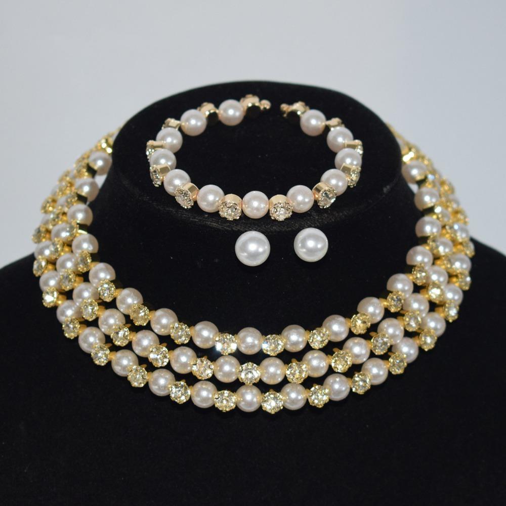 Bridal Wedding Pearl Rhinestone Bundle Neck Chain Collar Bracelet Stud Earrings Three-piece Amazon Claw Chain Set