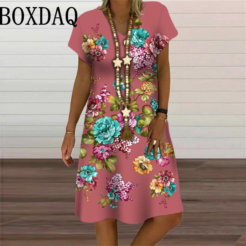 3D Butterfly Pattern Dress For Summer 2024 Women Clothes Oversized Fashion Short Sleeve Flower Print Dress Casual V-Neck Dresses