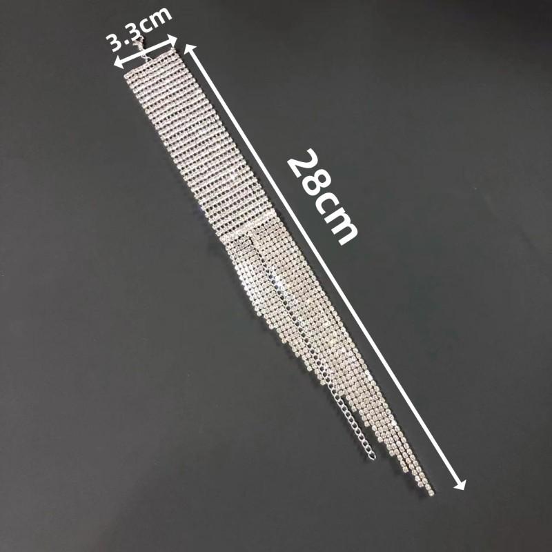 

Жіночий розкішний браслет з 14 рядів стразів з китицями для нічного клубу та сценічного виступу срібний