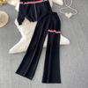 Faionable Knitted Embroidered Striped Set High Waist Wide Leg Pants Zipper Jaet for Women Autumn Season Casual Wear