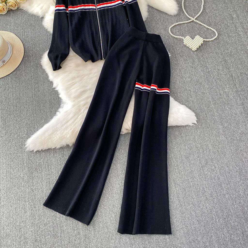 Faionable Knitted Embroidered Striped Set High Waist Wide Leg Pants Zipper Jaet for Women Autumn Season Casual Wear