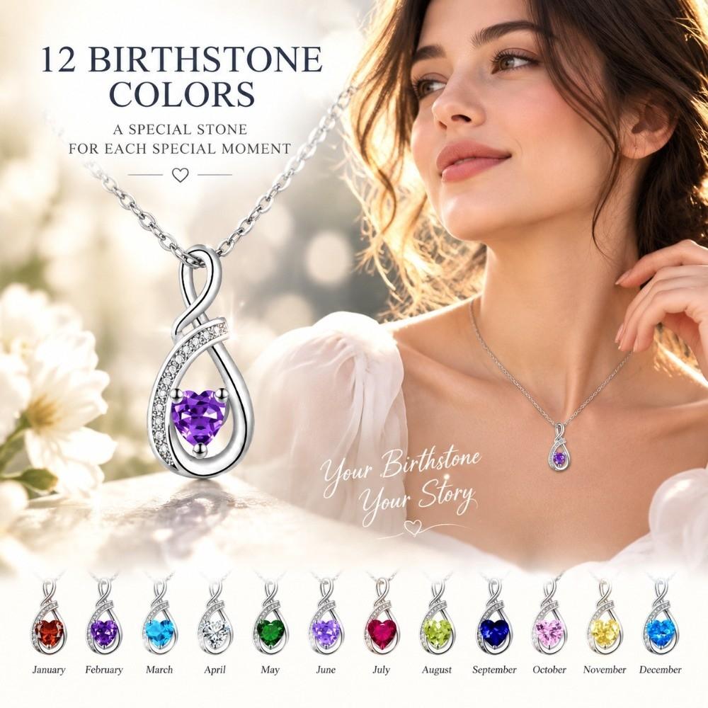 Birthstone Accent Infinity Heart Necklace Zircon Inlay Fashion Necklace Birthday Anniversary Gift