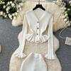 Two Piece Business Set Women Outfits Long Sleeve Tunic Cropped Cardigan High Waist Bodycon Fishtail Skirt Suit Fashion Knitted Sweater Suit