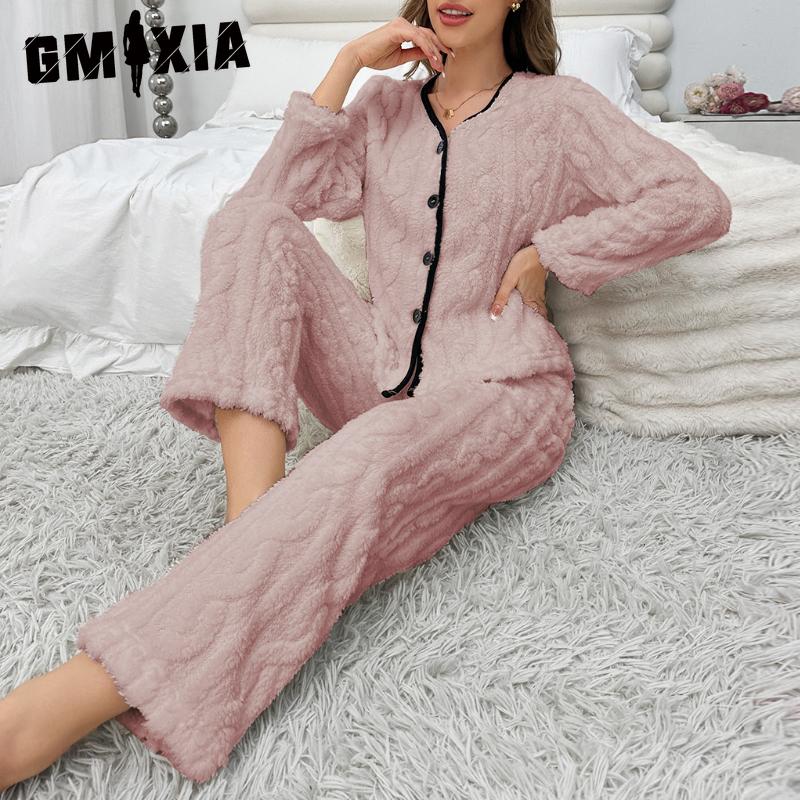 GMXIA Simple Leisure Solid Colour Home Wear Pajamas Suit Striped Pajamas Women Long Sleeves and Trousers Can Be Worn Outside