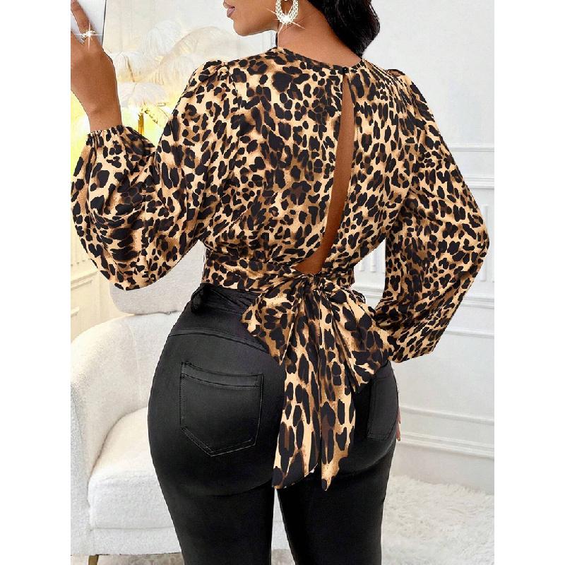 2026 Spring New Satin Shirt Sexy Leopard Print Women's Backless Top
