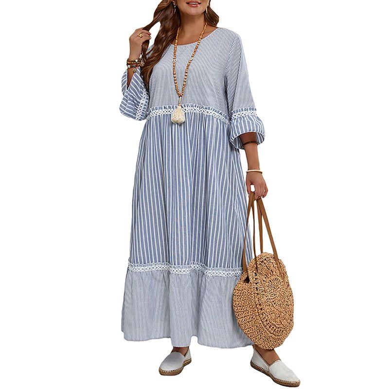 

American Shiying Color Matching Stripe Loose Plus size dresses Women 2025 Summer New High Waist A Word Long dress Blue Size XL fit (70.00 kg-75.00 kg