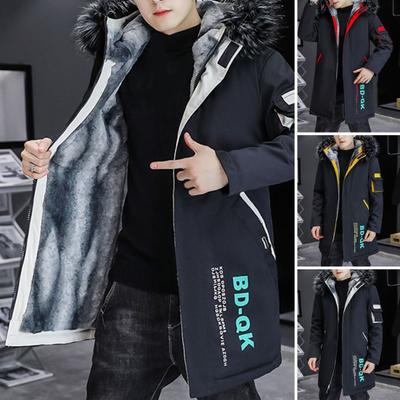 Men Autumn Winter Patchwork Color Jacket Hooded Long Sleeve Pockets Zipper Placket