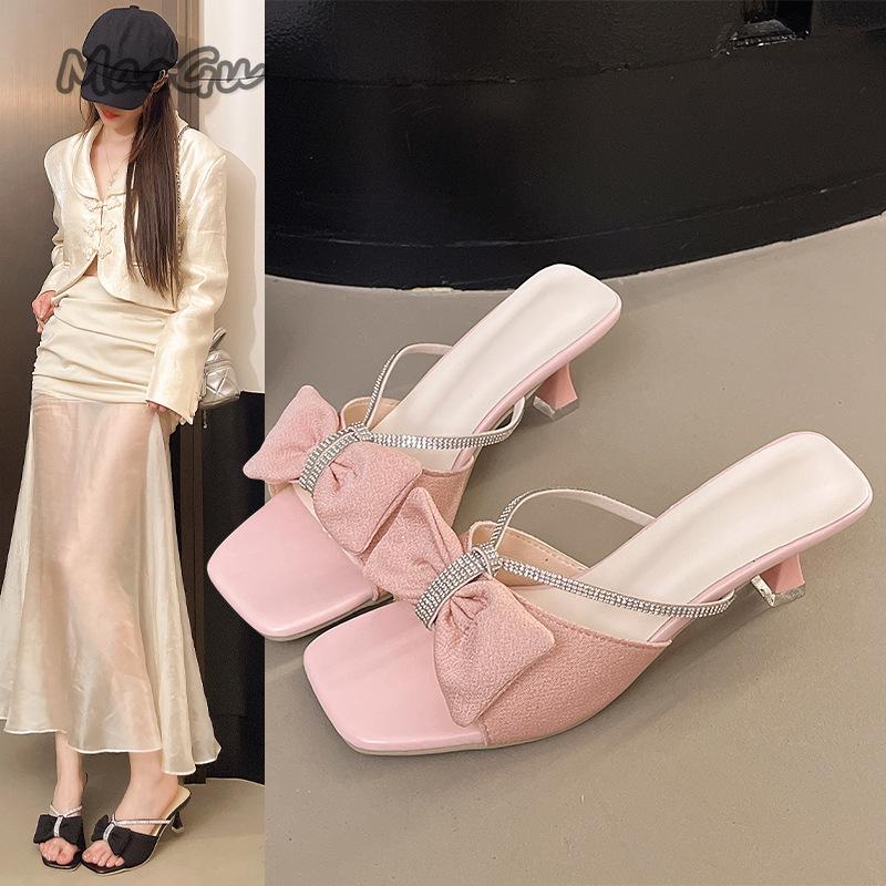 Fashion Elegant Rhinestone Bow Strap Sandals for Women 2025 Summer Sexy Open Toe High Heels Outwear Sandals Size35 40 Sandalias De Mujer