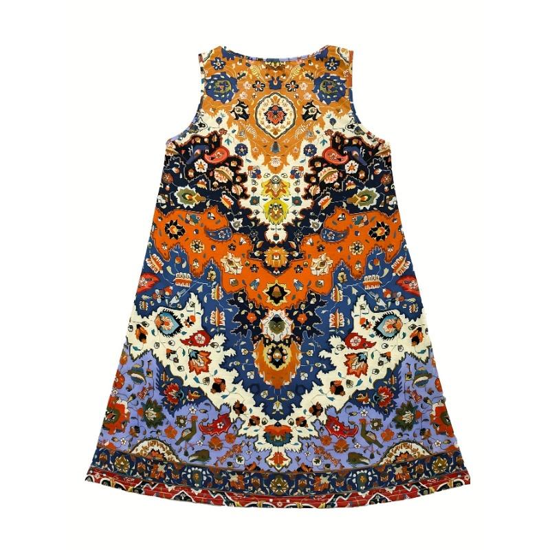 Damen Boho Ärmelloses Rundhalskleid - A-Linie Knielang Lässig Sommerkleid, Heller Paisley-Print